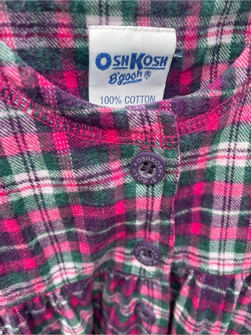 OshKosh B'gosh (VTG Early 2000’s) Pink Green Plaid 100% Cotton Button Dress